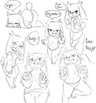 4_fingers angry anthro blush blush_lines bodily_fluids bottomless claws clenched_teeth clothed clothing digitigrade eyebrows eyes_closed facial_scar fangs featureless_crotch female finger_claws fingers fist floppy_ears gesture hand_gesture high-angle_view looking_at_viewer low-angle_view lying middle_finger motion_lines mouth_closed multiple_angles multiple_poses on_front open_mouth paws pose profanity scar scut_tail shaking short_tail side_view simple_background smug solo speech_bubble standing surprise sweat sweater sweater_only tail teeth text thick_thighs topwear topwear_only white_background x_scar gomogomo cave_story sue_sakamoto lagomorph mammal mimiga 2022 english_text hi_res monochrome multiple_images sketch