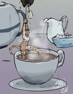 ambiguous_gender anthro balls beverage bowl brown_hair container cup duo feet fur genitals gradient_background green_eyes hair kick male micro micro_male nipples nude nude_micro open_mouth orange_body orange_fur penis pitcher simple_background striped_body striped_fur stripes struggling sugar sugar_cube tea tea_cup tea_saucer teapot text torture white_body white_fur white_text jeri_kleinlowe felid mammal pantherine tiger 2024 dated guide_lines hi_res signature