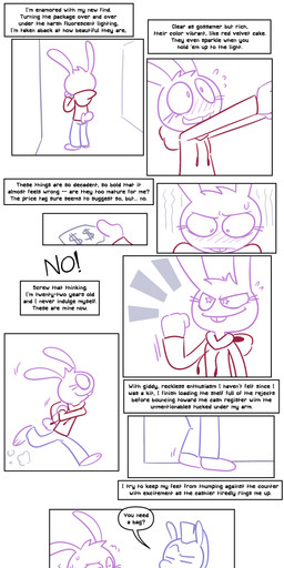anthro barefoot blush bodily_fluids clothing embarrassed excited eyelashes feet female fingers hoodie male mall money profanity purple_body running shopping star_eyes store sweat text topwear sockdraw five_nights_at_freddy's roommates:motha scottgames beanie_(roommates) mike_schmidt human lagomorph leporid mammal rabbit 2025 absurd_res comic digital_media_(artwork) english_text hi_res