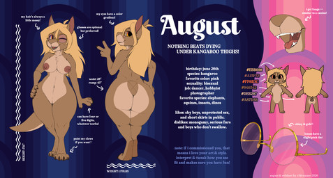 blonde_hair breasts brown_claws butt claws eyewear female genitals glasses hair long_hair looking_at_viewer orange_eyes solo tan_body text thick_thighs vulva wide_hips r3drunner kangaroo macropod mammal marsupial absurd_res english_text hi_res model_sheet