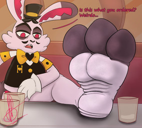 anthro barefoot bartender bedroom_eyes belly casino clothing container cup daddy_kink feet folds foot_fetish foot_focus heel hindpaw instep male mature_anthro mature_male narrowed_eyes paws seductive solo suit text toes uncaring wrinkled_feet wrinkles newtrabbit hazbin_hotel hellaverse bartender_rabbit_(hazbin_hotel) lagomorph leporid mammal rabbit english_text hi_res