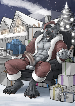 abs anthro barefoot bottomwear christmas_clothing christmas_headwear claws clothed clothing erection fangs feet finger_claws front_view genitals hair hat headgear headwear holding_present holidays humanoid_genitalia humanoid_penis looking_at_viewer male male_anthro muscular muscular_anthro muscular_male navel nipples open_bottomwear open_clothing open_mouth open_pants open_smile open_topwear outside pants pawpads pecs penis pink_nipples pink_pawpads pink_penis red_bottomwear red_clothing red_eyes red_pants red_tongue red_topwear santa_hat short_hair sitting smile solo teeth tongue topwear hufnaar christmas hyena mammal hi_res partially_colored