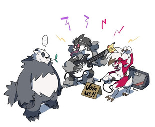 ambiguous_gender amplifier anthro electric_guitar electronics ellipsis fur group guitar holding_guitar holding_musical_instrument holding_object leaf microphone microphone_stand musical_instrument overweight playing_guitar playing_music plucked_string_instrument simple_background string_instrument text white_background ban nintendo peavey_electronics_corporation pokemon generation_6_pokemon generation_7_pokemon generation_8_pokemon lycanroc midnight_lycanroc obstagoon pangoro pokemon_(species) 2019 english_text