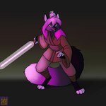 ambiguous_gender anthro clothed clothing duo female feral fur gradient_background hair lightsaber melee_weapon pink_hair purple_lightsaber simple_background tail weapon foxenawolf star_wars canid canine fox mammal porg 1:1 2023