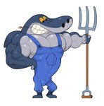 anthro biceps clothing farmer fin grey_body looking_down male muscular muscular_anthro muscular_male overalls pecs pose smile solo teeth analon_(artist) zig_and_sharko sharko fish marine shark