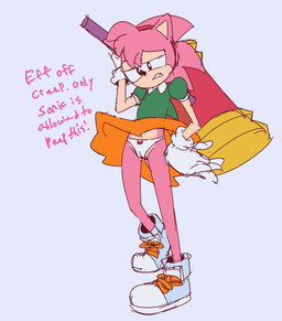 accessory annoyed anthro bottomwear camel_toe clothed clothing dialogue female footwear gloves hair_accessory hairband hammer handwear narrowed_eyes panties shirt shoes skirt solo tools topwear underwear upskirt junopea classic_sonic_(universe) sega sonic_the_hedgehog_(series) amy_rose classic_amy_rose eulipotyphlan hedgehog mammal hi_res