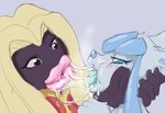 2016 after_kiss bedroom_eyes blonde_hair blue_body blush bodily_fluids breasts clothed clothing digital_media_(artwork) digital_painting_(artwork) dominant dominant_female dominant_humanoid drooling duo eeveelution excessive_saliva female female/female feral forced forced_kiss french_kissing generation_1_pokemon generation_4_pokemon glaceon hair head_grab humanoid interspecies jynx kissing lips narrowed_eyes nintendo open_mouth pink_lips pokemon pokemon_(species) saliva saliva_string seductive simple_background sloppy_kiss tears thick_lips tongue tongue_out ungulatr