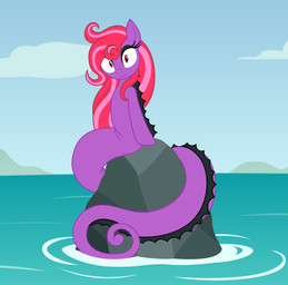 :3 black_eyeshadow cloud eyelashes eyeshadow female feral hair looking_at_viewer makeup purple_body purple_eyes purple_hair rock sea sky solo water badumsquish hasbro my_little_pony fan_character nerie_(badumsquish) aquatic fish merpony seahorse syngnathid syngnathiform absurd_res hi_res
