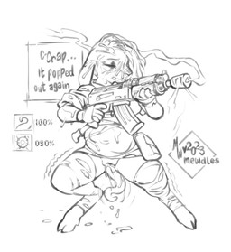 anthro biped bodily_fluids cum cum_on_face female fingers gameplay_mechanics genital_fluids genitals gun holding_gun holding_object holding_ranged_weapon holding_weapon impregnation infestation ovum parasite ranged_weapon shaking sperm_cell tentacles text trembling vulva weapon mewdles bovid caprine mammal sheep english_text hi_res monochrome