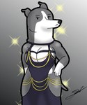5:6 anthro barely_visible_areola black_clothing black_dress canid canine canis clothing d13w0tt_(artist) dogs_in_space domestic_dog dress female flashlight fur galgo_espanol gold_(metal) gold_jewelry grey_body grey_fur hand_on_hip hi_res hollow_hip_dress hunting_dog jewelry looking_at_viewer mammal netflix nipples pose sighthound solo sprinkles_(dogs_in_space) white_body white_fur