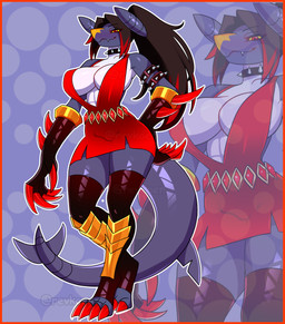 anthro anthrofied armor armored_boots belt big_breasts border bracelet breasts claws cleavage clothed clothed_anthro clothed_female clothing collar confident countershade_torso countershading curvy_figure dark_body dress female female_anthro fin full_cleavage gold_(metal) gold_armor grey_body hair horn jewelry legwear long_hair orange_border ponytail red_claws red_clothing red_dress simple_background slit_dress smug solo spiked_bracelet spiked_collar spikes standing tail tail_fin thigh_highs twitter_handle yellow_eyes zoom_layer revkoen mythology nintendo pokemon dragon garchomp generation_4_pokemon mythological_creature mythological_scalie pokemon_(species) scalie absurd_res full-length_portrait hi_res portrait watermark