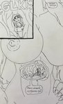 anthro big_breasts breasts cutaway duo eyewear female glasses hair hand_on_hip huge_breasts humor inside_stomach inside_throat long_hair macro male male/female mammary_glands micro navel nipples onomatopoeia profanity sitting sound_effects speech_bubble swallowing text vore dylanaildon_no_2 tirisk_(dylanaildon_no_2) toby_(dylanaildon_no_2) forest_spirit human humanoid mammal absurd_res hi_res