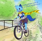 anthro bicycle blue_body blue_fur bridge clothed clothing cycling detailed_background fur looking_forward male musical_note musical_symbol open_mouth riding_bike scarf solo symbol text tongue vehicle yellow_scarf young young_anthro young_male hazumazu haziq_(hazumazu) domestic_cat felid feline felis mammal 2019 signature