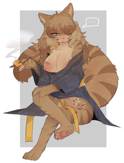 anthro asian_clothing barcode black_clothing body_writing bottomless brown_body brown_fur clothed clothing covering covering_crotch east_asian_clothing ellipsis feet female female_anthro fluffy fluffy_tail fur hair hair_over_eye hindpaw japanese_clothing kimono long_hair looking_at_viewer narrowed_eyes one_eye_obstructed paws pose simple_background sitting smoking smoking_pipe solo striped_body striped_fur stripes tail tally_marks undressing white_background writing_on_thigh vitame83 felid feline mammal hi_res pinup