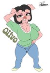 anthro big_breasts biped black_hair blue_bottomwear blue_clothing blue_jeans blue_pants bottomwear breasts clothing denim denim_bottomwear denim_clothing eyebrows female floppy_ears folded_ears green_eyes hair jeans pants solo thick_thighs wide_hips reymonrr olivo_(reymonrr) domestic_pig mammal suid suine sus_(pig) absurd_res hi_res