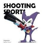 anthro bandai_namco clothing digimon digimon_(species) english_text gloves green_eyes gun handwear impmon kerchief male neckerchief op7804620 purple_body ranged_weapon shooting shotgun solo spade_tail sport standing tail text weapon