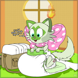 3_fingers 3_toes ambiguous_gender baby_bottle border bow_accessory bow_ribbon clean_diaper clothed clothing cute_fangs detailed_background dialogue diaper diaper_bag facial_markings fangs feet feral fingers fire folded_diaper front_view fur grass green_body green_fur green_tail happy head_markings layering_diaper logo looking_down markings neck_bow open_mouth open_smile pawpads pink_bow pink_nose pink_pawpads plant sitting smile solo spotted_accessory spotted_bow tail teeth text toes wall_(structure) wearing_diaper white_diaper window bougie nintendo pokemon smolder_(burritokitten) generation_9_pokemon pokemon_(species) sprigatito 1:1 artist_logo english_text full-length_portrait hi_res portrait