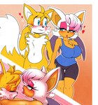 2022 aged_up anthro bat big_breasts blush breasts canid canine cleavage clothed clothing duo eyes_closed female fox hand_holding heart_symbol kiss_mark looking_pleasured male male/female mammal michiyoshi miles_prower rouge_the_bat sega sonic_the_hedgehog_(series) wings