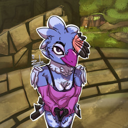 beak bra breasts clothing detailed_background feathers female forest_background gesture hand_gesture head_tuft sweater tail tail_feathers topwear tuft underwear zode atlyss avian 1:1 absurd_res hi_res