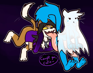 3_toes 4_fingers 4_toes anthro anthro_on_anthro bedsheet_ghost black_body black_eyes black_fur black_hair blue_body blue_fur bodily_fluids brown_body brown_fur butt_lick chest_tuft clothing curled_tail dialogue dipstick_tail dot_eyes drooling duo erection feet female fingers fist floating fur genitals hair huge_tongue leg_markings licking long_tongue male male/female markings motion_lines penis possession purple_clothing purple_shirt purple_topwear saliva shirt simple_eyes socks_(marking) speech_bubble surprised tail tail_markings tan_penis text toes tongue tongue_out topwear tuft whiskers white_body white_fur yellow_sclera ultilix lettuce_(latexia) peter_(felino) domestic_cat felid feline felis ghost mammal rodent sciurid spirit tree_squirrel 2025 english_text