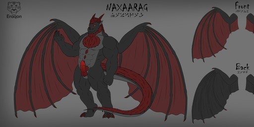 anthro beard black_body black_text body_hair claws color_swatch facial_hair fur genitals grin grinning_at_viewer looking_at_viewer male muscular muscular_anthro muscular_male penis red_body red_eyes red_fur simple_background smile smiling_at_viewer snout solo tail text tuft wings eraqon mythology naxaarag_(eraqon) dragon mythological_creature mythological_scalie scalie absurd_res hi_res model_sheet