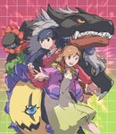 bangs black_body black_fur black_hair blue_eyes clothing dress fangs female feral fur group hair plant ponytail teeth yellow_eyes garrrzzz bandai_namco digimon digimon_survive aoi_shibuya saki_kimijima blossomon cerberumon digimon_(species) elemental_creature flora_fauna human mammal