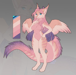 anthro biped breasts claws countershade_torso countershading feathers feet female fingers front_view fur hair horn looking_at_viewer navel nude nude_anthro nude_female smile solo standing tail toes wings kyotoleopard mythology domestic_cat dragon felid feline felis hybrid mammal mythological_creature mythological_scalie scalie 2022 absurd_res dated hi_res model_sheet