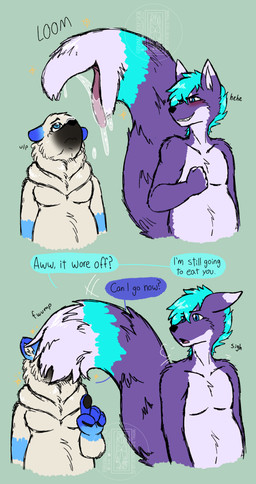 anthro attempted_vore black_nose blue_eyes blue_hair blush bodily_fluids duo failed_vore fur hair male muffled neck_tuft nude purple_body purple_fur raised_finger saliva slightly_chubby slightly_chubby_anthro slightly_chubby_male standing tail tail_mouth text tongue tuft unusual_anatomy unusual_tail vore white_body white_fur takame mox_(antillion123) bear canid canine fox mammal polar_bear ursine 2025 absurd_res comic digital_media_(artwork) english_text hi_res