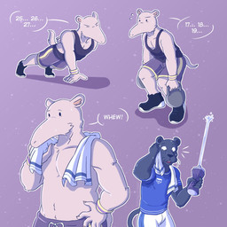 5_fingers anthro athletic athletic_wear biceps biped black_body black_fur black_nose bodily_fluids bottle bottomwear clothed clothing container counting duo exercise fingers footwear fur gym_bottomwear gym_shorts humanoid_hands kettlebell male melanistic muscular number pecs shoes shorts sneakers sweat tan_body tan_fur topless towel wristband that1greenbro beastars kibi_(beastars) tao_(beastars) anteater felid mammal pantherine pilosan tamandua xenarthran 1:1 hi_res multiple_images