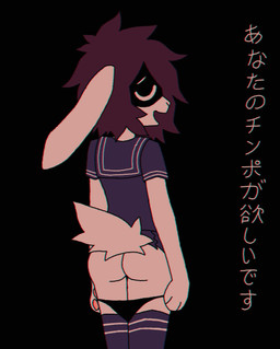 anthro black_background black_panty butt clothing eyes_closed female footwear hair mask open_mouth purple_hair school_uniform simple_background smile socks solo tail text uniform crischar_foxito alexa_(crischar_foxito) lagomorph leporid mammal rabbit hi_res translation_request