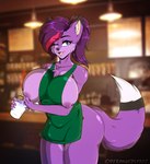 anthro apron apron_only areola beverage big_breasts bodily_fluids breasts clothing coffee female lactating milk nipples purple_areola purple_body purple_nipples solo derangedspazz i_mean_breast_milk emberfox canid canine fennec_fox fox mammal true_fox absurd_res digital_media_(artwork) hi_res meme trans_(lore) trans_woman_(lore)