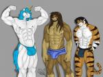 abs anthro athletic beard biceps big_muscles black_hair black_nipples blue_eyes blue_hair brown_body brown_eyes brown_fur brown_hair brown_nipples bulge claws clothed clothing detailed_bulge facial_hair flexing fur genital_outline grey_background group hair jockstrap male muscular muscular_male nipples pecs penis_outline simple_background smile standing stripes swimming_trunks swimwear thong topless underwear white_body white_fur hunterramirez galen_dhaelos uniko zhal equid equine felid horse lion mammal pantherine tiger 4:3