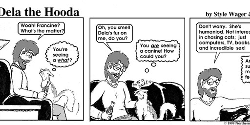 ambiguous_gender beard beverage_bottle bottle clothed clothed_male clothing container dialogue duo eyewear facial_hair feral fur furniture glasses hair male mustache soda_bottle sofa tail tail_motion text style_wager dela_the_hooda francine_(dela_the_hooda) frank_dunn domestic_cat felid feline felis human mammal 1999 comic english_text greyscale monochrome