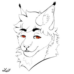 ambiguous_gender anthro black_eyebrows black_line_art border ear_piercing ear_tuft ears_up eyebrows fur hair happy helix_piercing looking_at_viewer neck_tuft nude orange_eyes piercing pupils simple_background smile solo teeth teeth_showing text tuft white_border yyury_r felid feline hybrid lynx mammal pantherine tiger 1:1 artist_name digital_media_(artwork) english_description english_text hi_res monochrome portrait signature spot_color