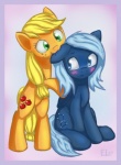 blonde_hair blue_border blue_eyes blush border cutie_mark duo female feral freckles hair male elronya eltaile friendship_is_magic hasbro my_little_pony applejack_(mlp) star_hunter_(mlp) earth_pony equid equine horse mammal pony 2013