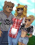 anthro apron blonde_hair blue_eyes bottomwear breasts cleavage clothed clothed_anthro clothed_female clothed_male clothing cloud crop_top day denim denim_bottomwear denim_clothing denim_shorts detailed_background dutch_angle family female fence food fruit grass green_eyes group hair honeydew_melon hoodie jeans long_hair looking_at_another looking_at_viewer male melon midriff outside pants plant shirt short_hair shorts sky standing text topwear trio under_boob zombikiss goldieloxxx bear mammal artist_name digital_drawing_(artwork) digital_media_(artwork) english_text shaded soft_shading url mother_(lore) parent_(lore) son_(lore)