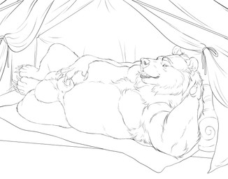 5_fingers 5_toes anatomically_correct anatomically_correct_genitalia anatomically_correct_penis animal_genitalia animal_penis anthro balls bedding belly big_balls big_belly biped blanket camping_tent claws detailed_background eyebrows feet finger_claws fingers fluffy fur furniture genitals hair hand_behind_head hand_behind_own_head hand_on_belly handpaw inside_tent looking_at_viewer lying male male_anthro mane mane_hair nude nude_anthro nude_male on_back on_ground on_pillow open_mouth overweight overweight_anthro overweight_male paws penis penis_tip pillow plantigrade presenting presenting_crotch rear_view seductive sharp_teeth sheath sheath_slit short_ears short_fur slightly_chubby slightly_chubby_anthro slightly_chubby_male small_ears snout solo teeth tent three-quarter_view toe_claws toes tongue tuft ursine_ears ursine_genitalia ursine_penis chubchow kuruk_(character) bear brown_bear grizzly_bear mammal ursidae ursine 2026 absurd_res digital_drawing_(artwork) digital_media_(artwork) hi_res monochrome sketch