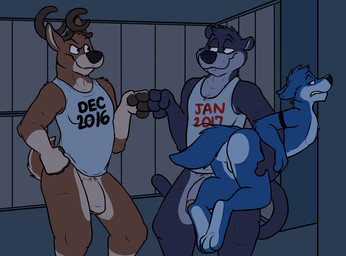 3_toes 4_fingers anthro antlers backsack balls black_nose blue_body blue_fur blue_hair blue_tail bottomless brown_body brown_fur brown_hair brown_penis brown_tail butt carrying_another cheek_tuft clenched_teeth clothed clothing countershade_face countershade_tail countershade_torso countershading eye_contact eyebrows facial_tuft feet fingerless_(marking) fingers fist_bump flaccid foreskin fur genitals gesture glans gloves_(marking) grey_penis group hair half-closed_eyes hand_on_hip head_tuft horn humanoid_genitalia humanoid_penis inside larger_male leg_markings locker locker_room looking_at_another looking_back male male/male markings multicolored_body multicolored_fur narrowed_eyes nude penis red_tail retracted_foreskin shirt size_difference smaller_male socks_(marking) standing tail tan_body tan_fur tank_top teeth text toes topwear tuft two_tone_body two_tone_fur two_tone_tail rotten_robbie robbie_(rotten_robbie) canid canine canis deer felid mammal pantherine wolf digital_media_(artwork) english_text flat_colors