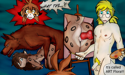 animal_genitalia animal_penis anthro anthro_on_feral anthro_penetrated anus balls bestiality black_nose blonde_hair blood blue_eyes bodily_fluids breasts brown_body brown_fur brown_hair butt canine_genitalia canine_penis canvas cutaway erection eyewear eyewear_only female female_on_feral female_penetrated feral feral_penetrating feral_penetrating_anthro feral_penetrating_female fur genitals glasses glasses_only group hair humanoid_genitalia humanoid_penis humanoid_vulva interspecies knot knotted_penis male male/female male_penetrating male_penetrating_female markings nipples nosebleed nude nude_anthro nude_female nude_human nude_male open_mouth orange_body orange_fur painting_(action) penetration penile penile_penetration penis penis_in_vagina pubes sex speech_bubble spots spotted_body spotted_fur striped_body striped_fur stripes text vaginal vaginal_penetration vulva wearing_glasses knotalot twokinds eric_vaughan flora_(twokinds) kathrin_vaughan canid canine felid human hybrid keidran mammal pantherine tiger 5:3 english_text hi_res