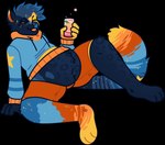 anthro belly beverage black_background blep bloated blue_body blue_clothing blue_fur blue_hair blue_hoodie blue_topwear bottomwear clothing dark_body dark_fur eyes_closed food fruit fur hair hoodie leopard_spots male orange_body orange_bottomwear orange_clothing orange_fur orange_shorts peach_(fruit) plant shorts simple_background soda solo spots star tongue tongue_out topwear xxwolf_buttxx yellowdelivery kwess felid leopard mammal pantherine