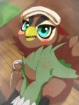 ambiguous_gender anthro bandai_namco beak blush bottle brown_body brown_feathers claws container detailed_background digimon digimon_(species) falcomon feathers feet green_eyes hi_res hot_spring looking_at_viewer mofumi_corvus sitting solo talons teeth toes toothed_beak towel towel_on_head water