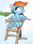 blue_body blue_feathers disembodied_hand duo feathered_wings feathers feeding female feral hair high_chair solo_focus wings mistydash friendship_is_magic hasbro my_little_pony mythology rainbow_dash_(mlp) equid equine human mammal mythological_creature mythological_equine pegasus 2015