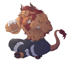 abs beard belt biceps big_muscles bite bottomwear clothed clothing container crossed_legs cup cutlery facial_hair foam food fork hair horn kitchen_utensils lotus_pose male meat muscular muscular_male obliques pants pecs red_hair scar simple_background sitting solo tools topless triceps banksy5057 benben_5057 bovid bovine cattle mammal 2018 hi_res