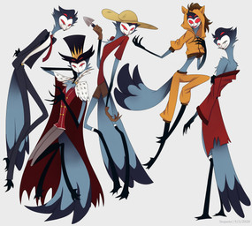 4_eyes anthro clothed clothing feathers gardening_tool hat headgear headwear male multi_eye red_eyes solo tail tail_feathers lonelyowlprince hellaverse helluva_boss stolas_(helluva_boss) avian bird demon owl absurd_res hi_res