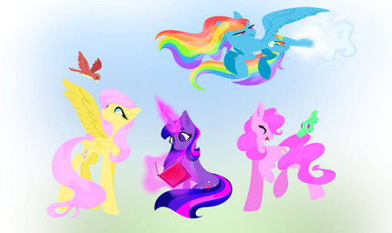 book female female/female group magic simple_background smile harmonie27 friendship_is_magic hasbro my_little_pony fluttershy_(mlp) gummy_(mlp) pinkie_pie_(mlp) rainbow_dash_(mlp) twilight_sparkle_(mlp) alligator alligatorid avian bird crocodilian reptile scalie better_version_at_source