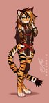 4_toes anthro barefoot breasts cleavage clothed clothing digitigrade dipstick_tail feet female fur markings orange_body orange_fur paws simple_background small_breasts solo striped_body striped_fur striped_markings striped_tail stripes tail tail_markings toes yellow_eyes dragonfu felid mammal pantherine tiger 2024 hi_res