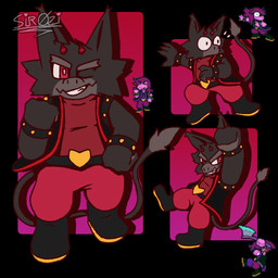 anthro armband belt black_body black_fur boots bracelet clothing female footwear fur horn jacket jewelry male prehensile_tail red_eyes red_horn shoes solo tail topwear sirozinn deltarune undertale_(series) sungo susie_(deltarune) lushu monster reptile scalie 1:1 hi_res
