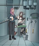 2018 anthro big_breasts bodily_fluids bovid bovine breast_milking breasts bucket cattle chair clothed clothing container detailed_background duo factory female furniture hair hi_res horn human lactating long_hair lunate machine mammal milk milking_machine nude open_mouth pink_hair story story_in_description surprise