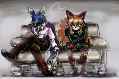 anthro bottomwear clothing duo female male pants shirt topwear white_clothing white_shirt white_topwear conditional_dnp megagieppi averi_(fiddleafox) luzenith_lawchi canid canine dire_wolf fox mammal prehistoric_species 3:2 absurd_res hi_res