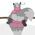 anthro balls bottomwear butt clothed clothing floating_hands fur genitals grey_body grey_fur grey_hair hair hoodie male male/male pink_bottomwear pink_clothing pink_hoodie pink_shorts pink_topwear shorts simple_background slightly_chubby solo tail thick_thighs topwear undressing mrbubbleznsfw dovah_kiin arctic_fox canid canine fox mammal true_fox 1:1 colored digital_drawing_(artwork) digital_media_(artwork) hi_res